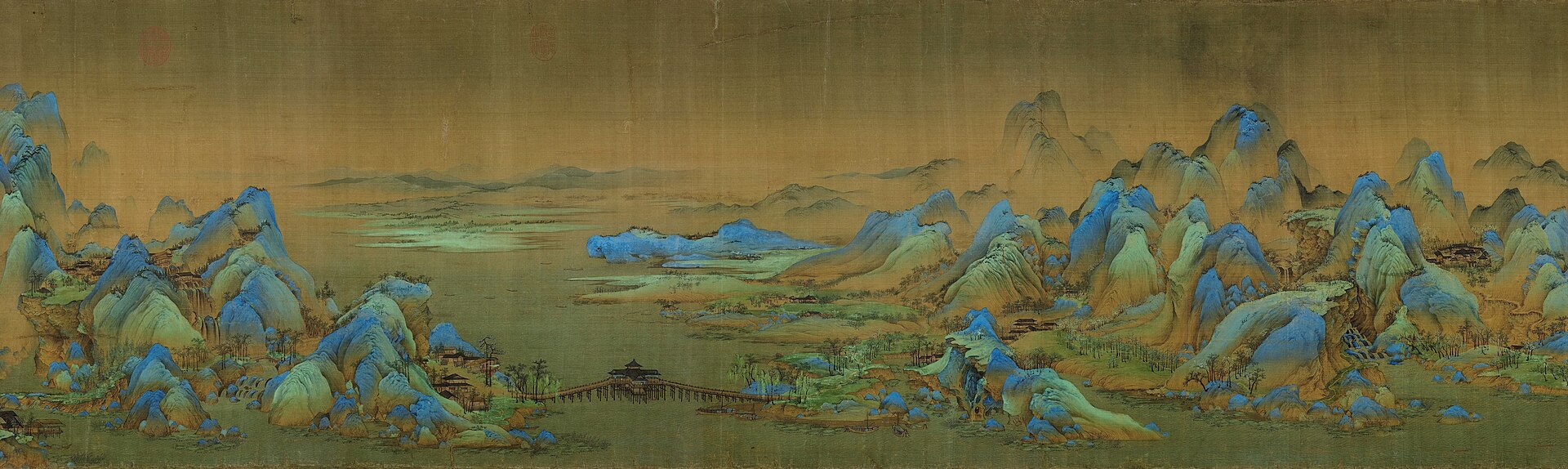 Eine blau-grüne Berglandschaft aus Wang Ximengs Tausend Li von Flüssen und Bergen