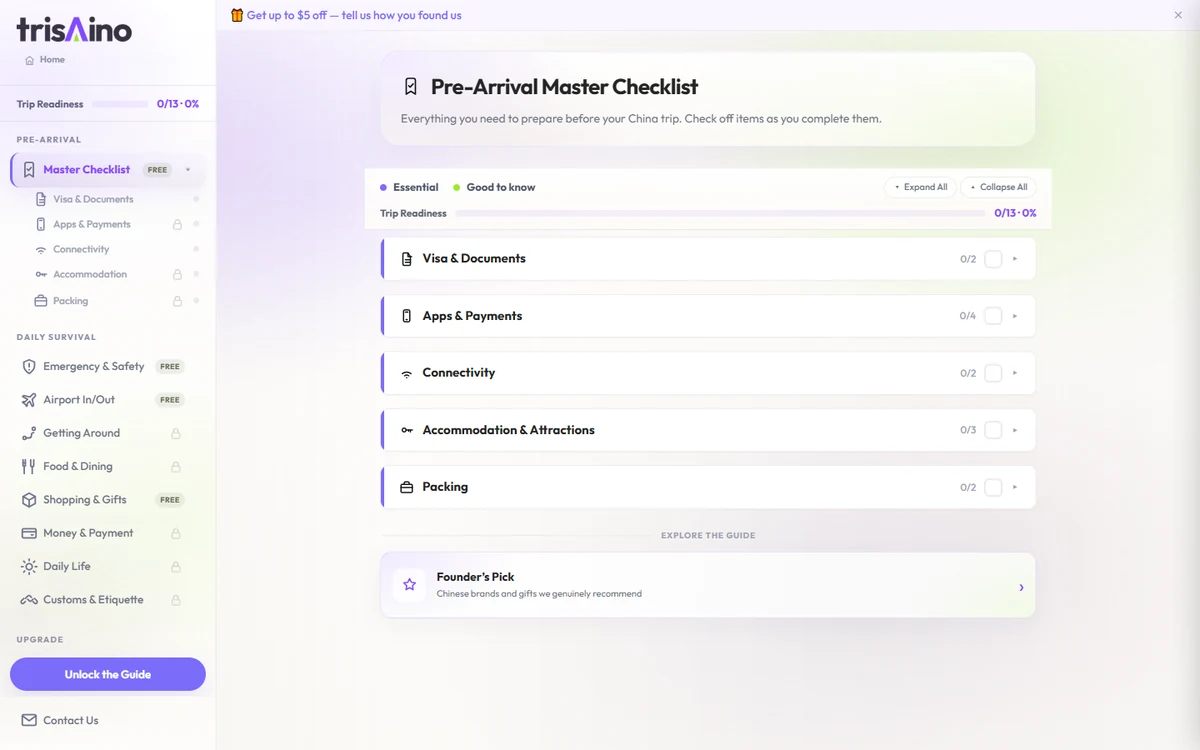 The free trisAino Pre-Arrival Master Checklist showing visa, payment, connectivity, accommodation, and packing sections