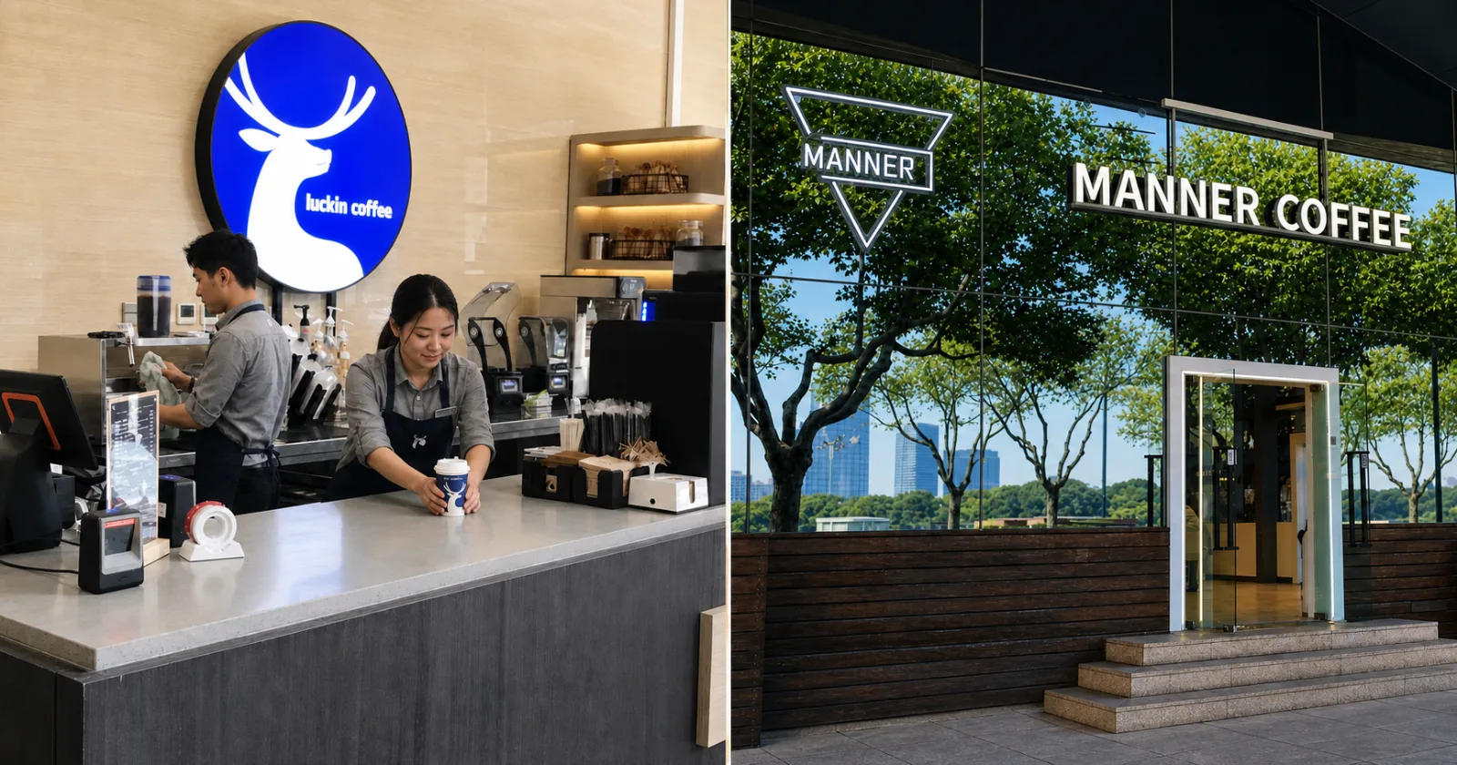 Intérieur d’un Luckin Coffee et devanture estivale de MANNER COFFEE présentés côte à côte