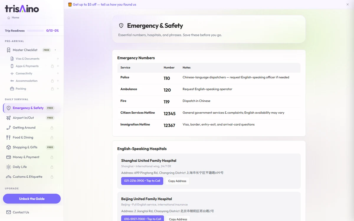 The free trisAino Emergency and Safety Guide showing emergency numbers and English-speaking hospitals