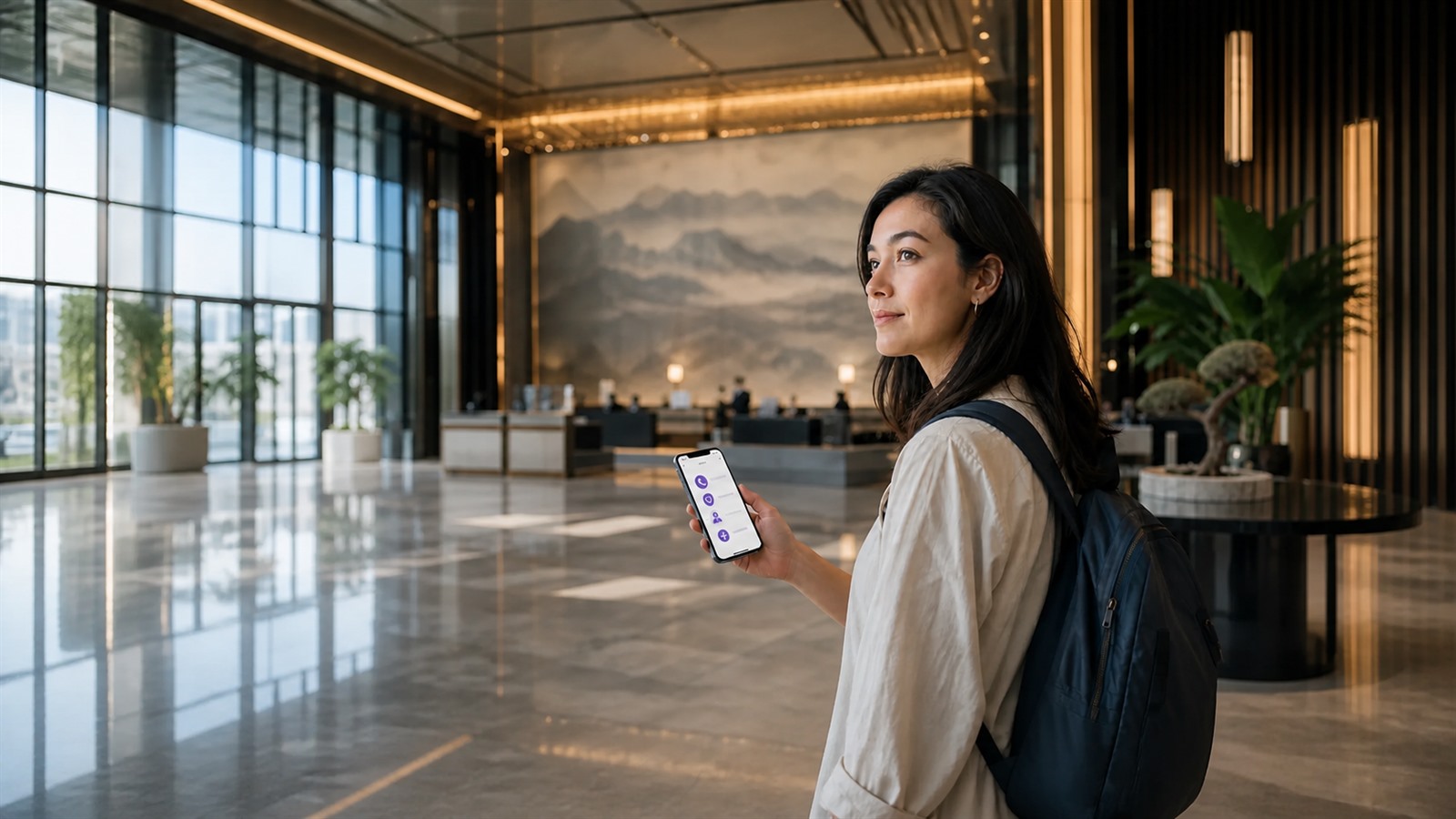 A calm international traveler checking emergency contacts on a phone in a modern Chinese hotel lobby