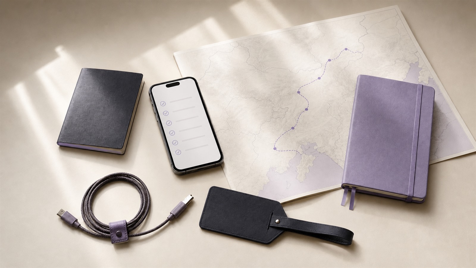 China travel preparation desk with a phone checklist, map, notebooks, charging cable, and luggage tag