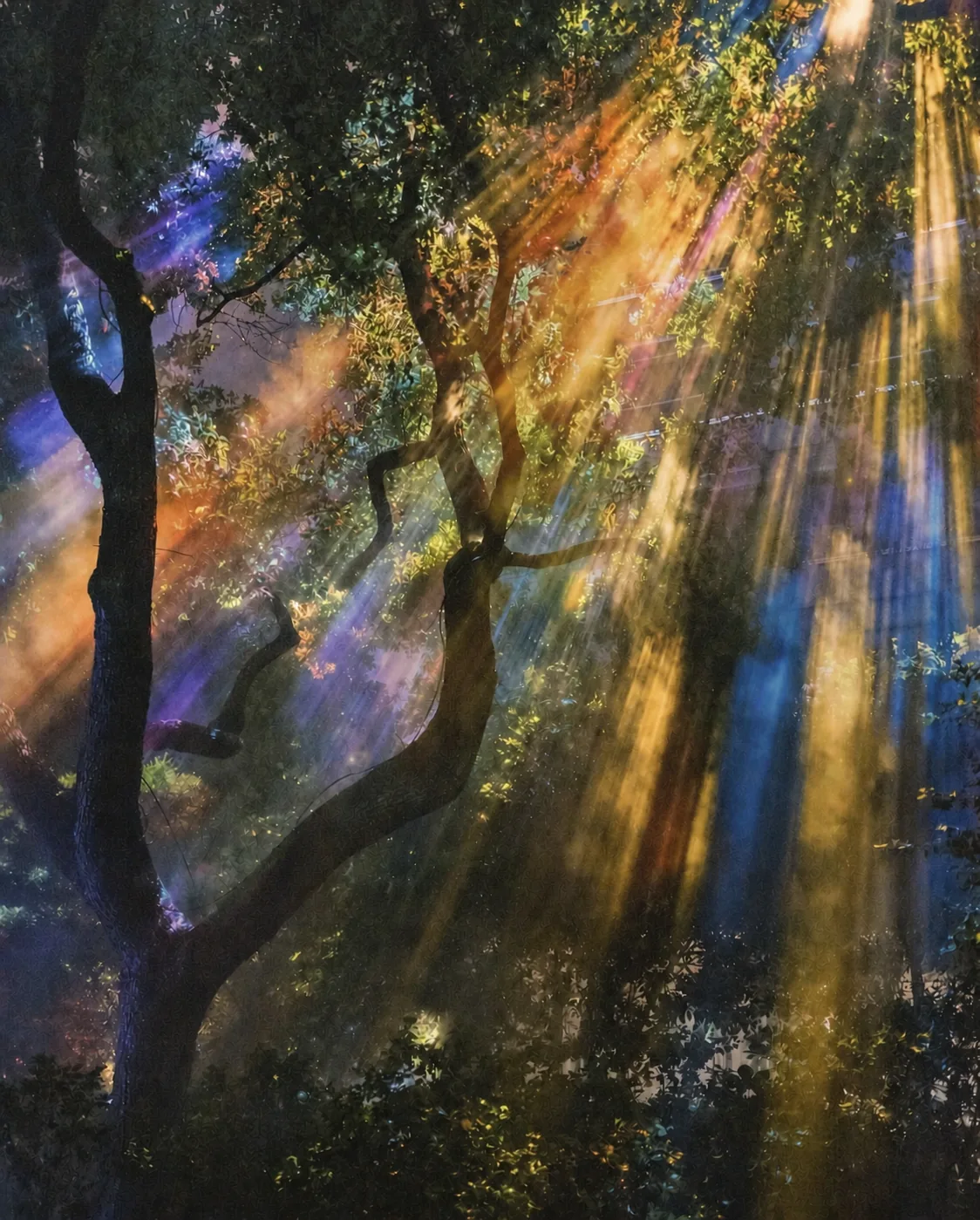 AI-created editorial visual of light beams moving through the tree canopy at night, inspired by 2025 festival highlights