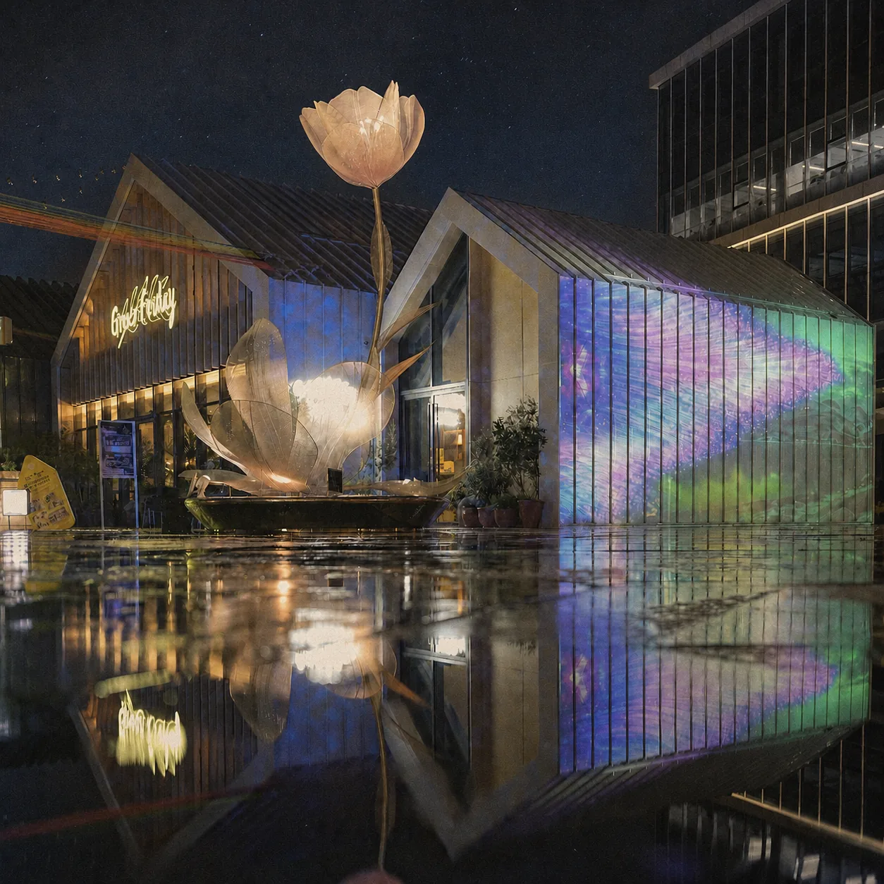 AI-created editorial visual of sculptural light and color reflected after rain, inspired by 2025 festival highlights