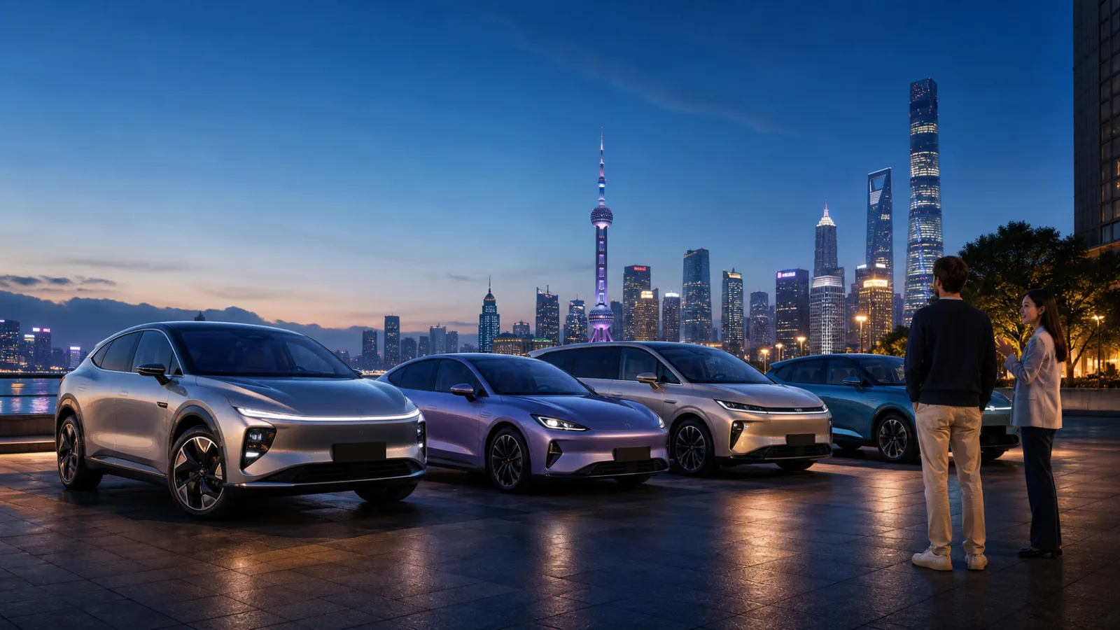Chinesische Elektroautos in Shanghai zur blauen Stunde