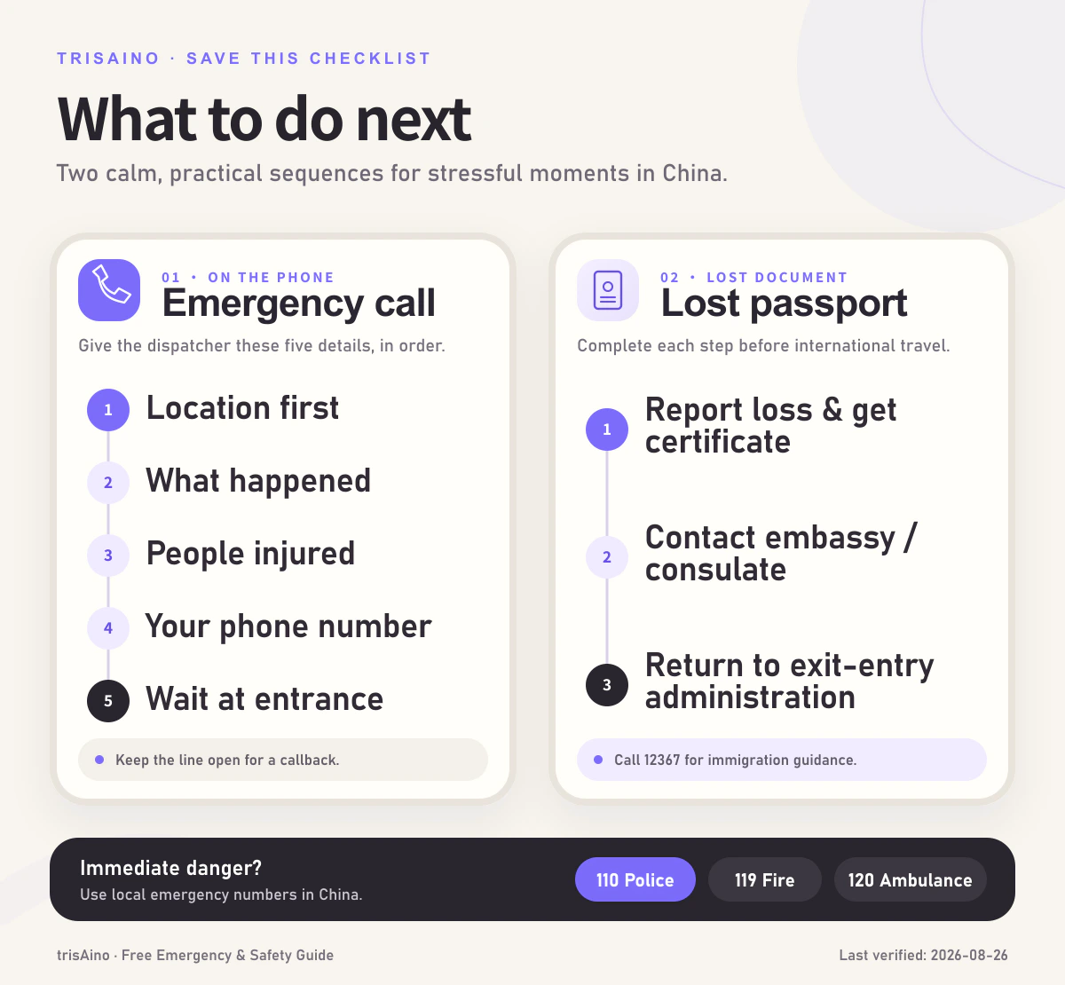 Two action flows showing what to say when calling emergency services in China and how to replace a lost passport