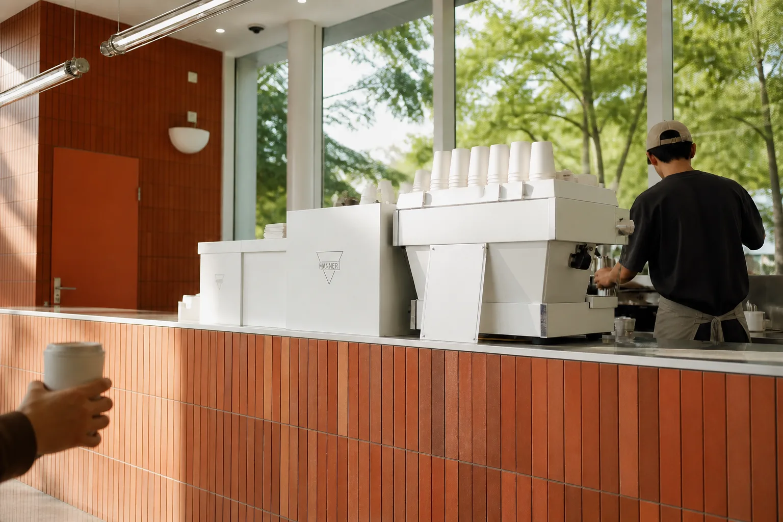 Un client tenant un gobelet réutilisable au comptoir d’un café MANNER pendant qu’un barista prépare du café