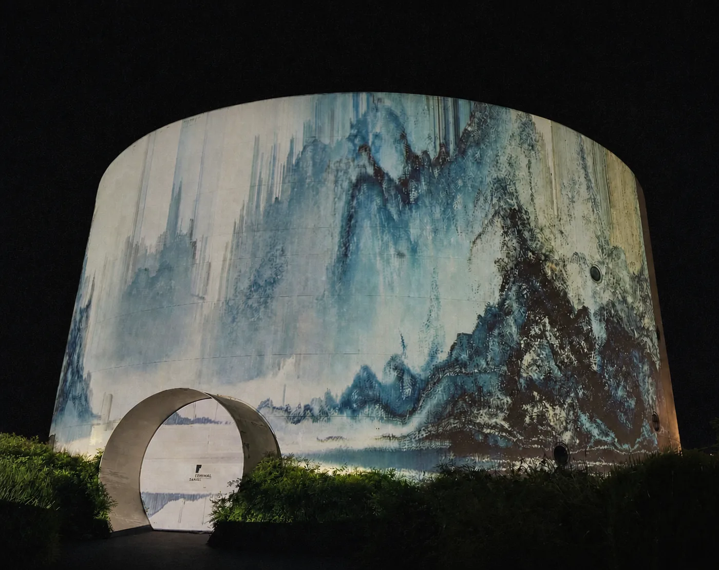 AI-created editorial visual of a landscape-inspired projection on a curved exterior, inspired by 2025 festival highlights