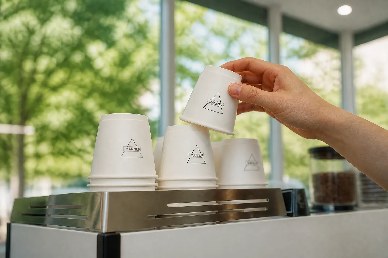 La main d’un barista soulevant un gobelet en carton MANNER à côté d’une machine à expresso