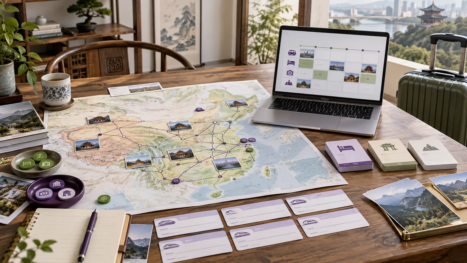 Detaillierte China-Routenkarte, Planungskarten und ein Laptop mit Reiseplan auf einem Holztisch
