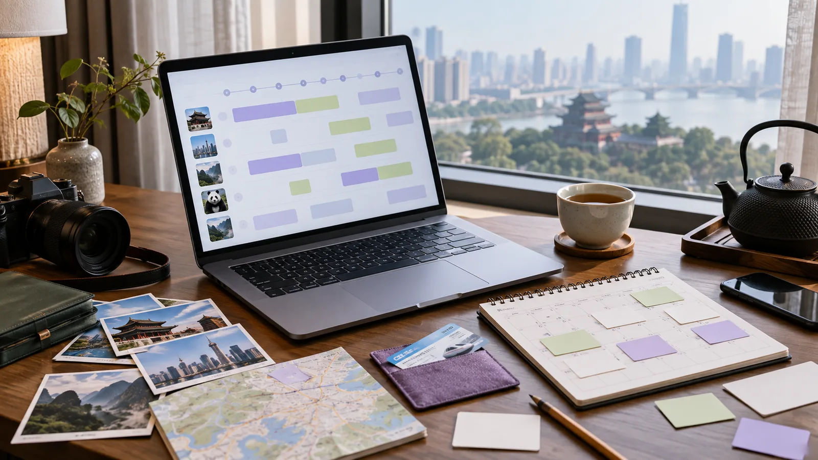 Reisezeitleiste am Laptop, verschiebbare Kalenderkarten und Reiseunterlagen auf einem Schreibtisch mit Blick auf eine chinesische Stadt
