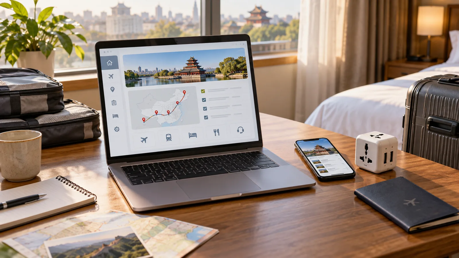 Reiseübersicht auf einem Laptop neben Telefon, Adapter, Packtaschen und Gepäck