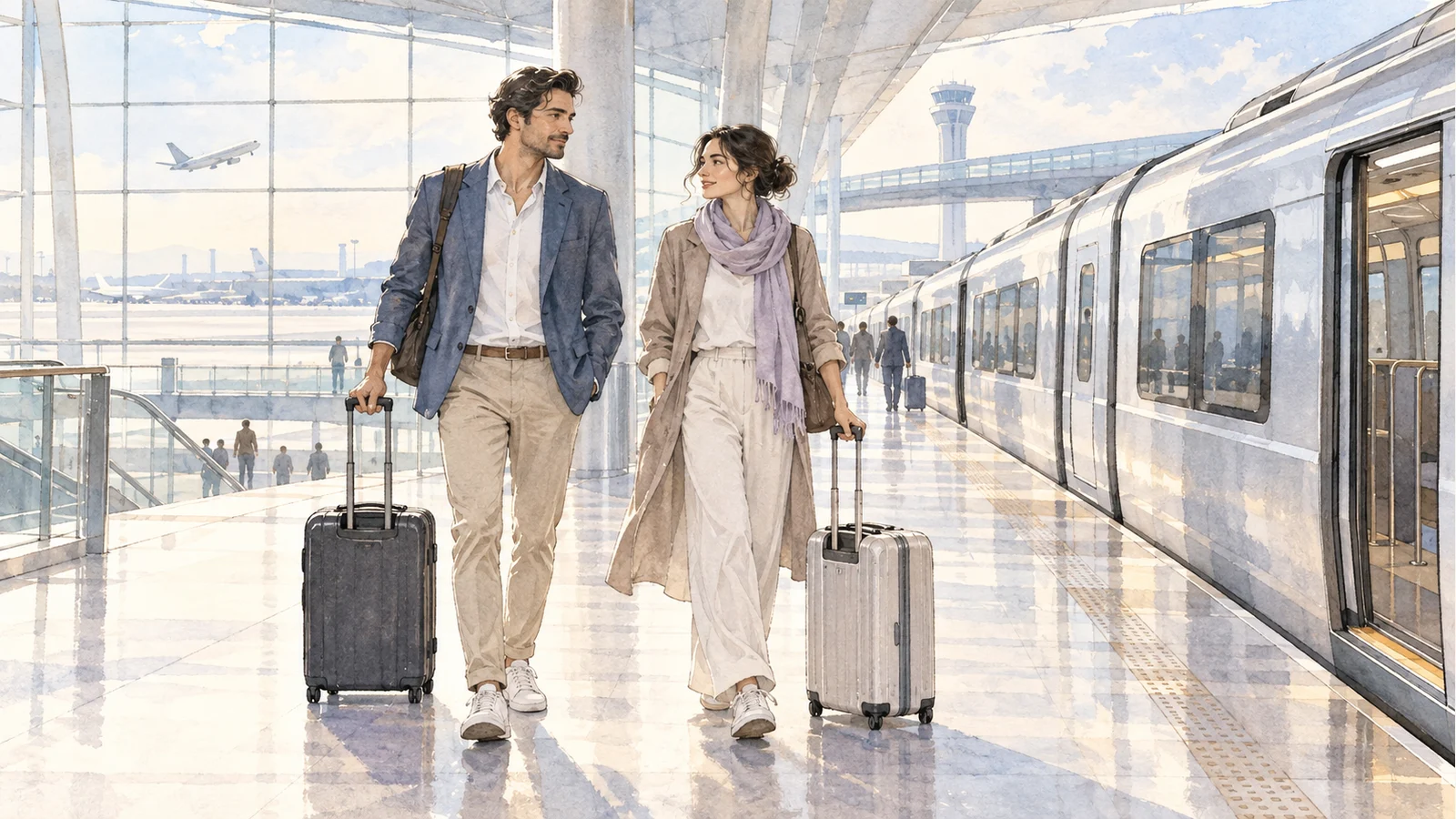 Watercolor illustration of international travelers with luggage beside an airport train.