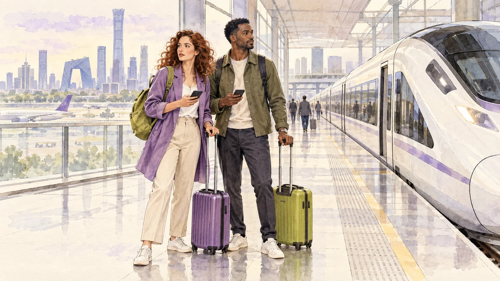 Watercolor illustration of international travelers with luggage beside an airport train.