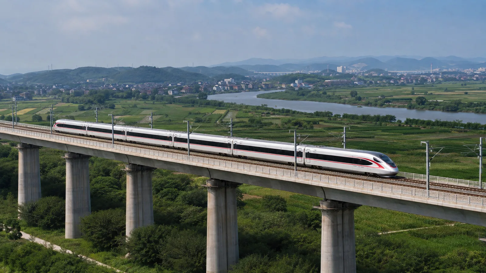 Ein Fuxing-Hochgeschwindigkeitszug fährt auf einer Hochbahn durch die chinesische Landschaft