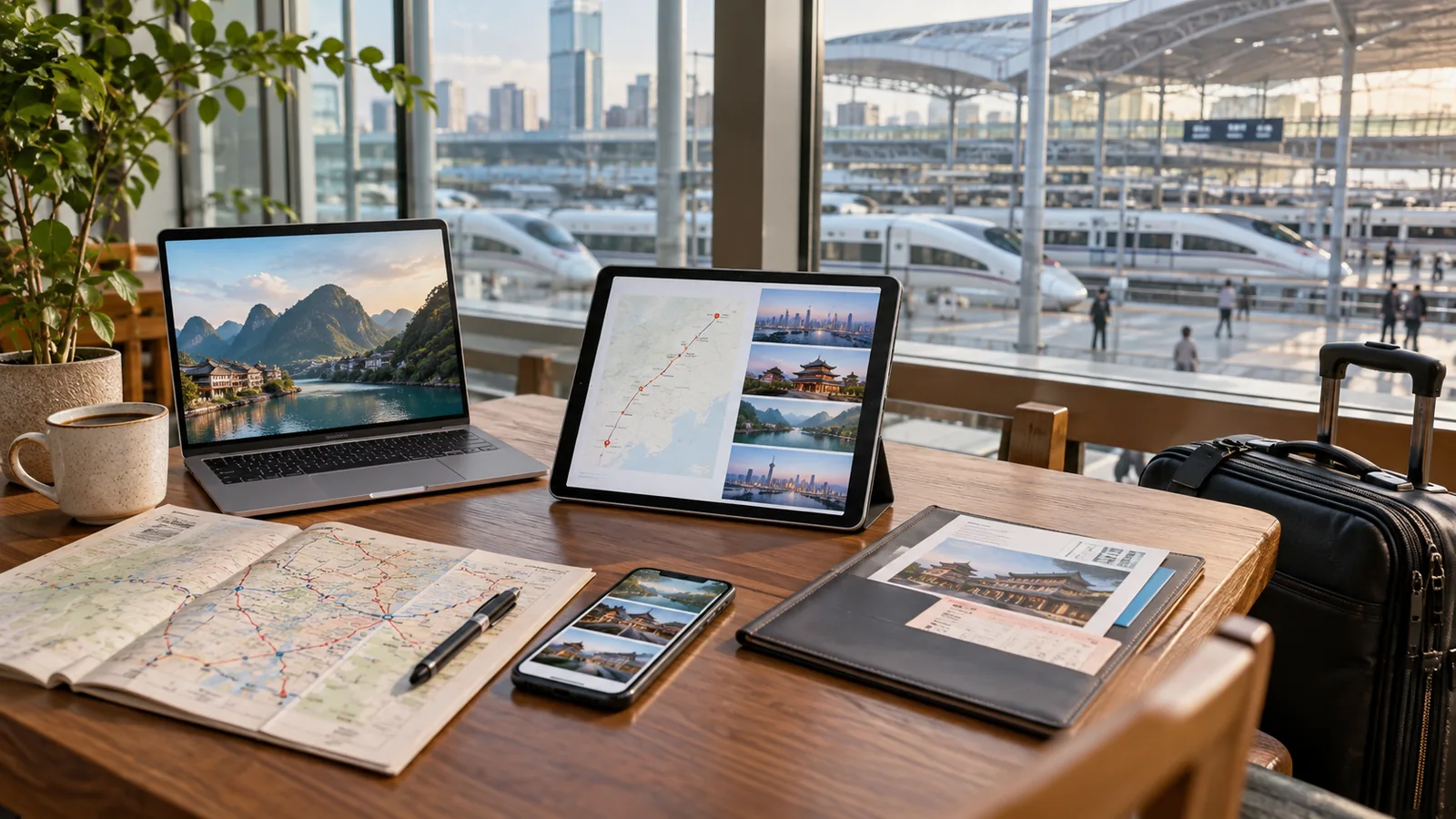 Laptop, Tablet, Smartphone, Bahnkarte und Gepäck auf einem Tisch neben einem chinesischen Hochgeschwindigkeitsbahnhof