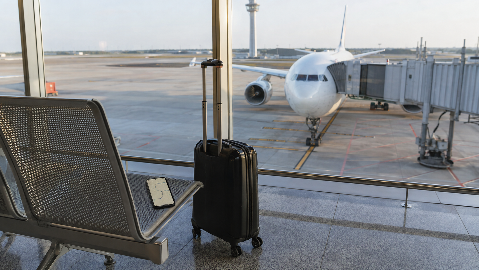 Handgepäck neben einem Sitz am Flughafengate, draußen ein Passagierflugzeug