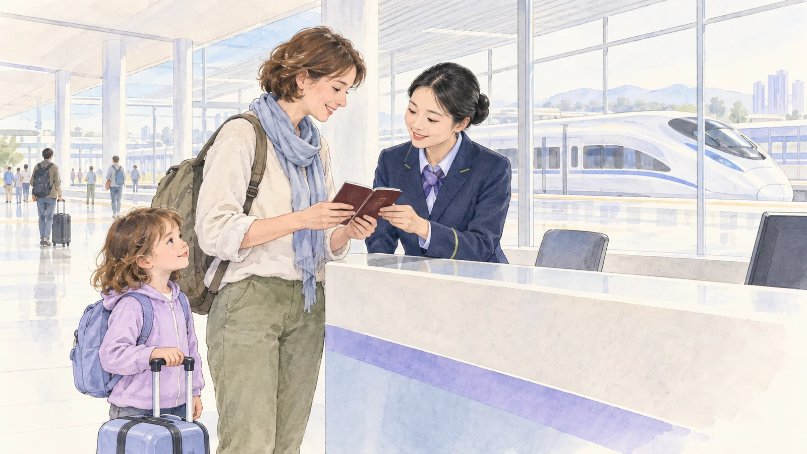 Watercolor illustration of an international parent and child consulting a Chinese railway employee at a station.