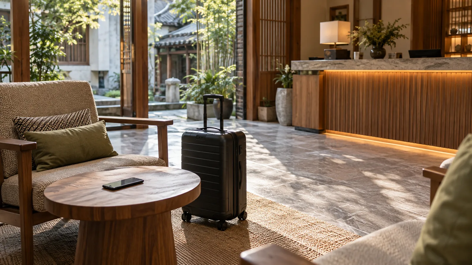 Un salon d’hôtel vide, avec une valise cabine à côté d’une chaise et un téléphone sur une table d’appoint en bois