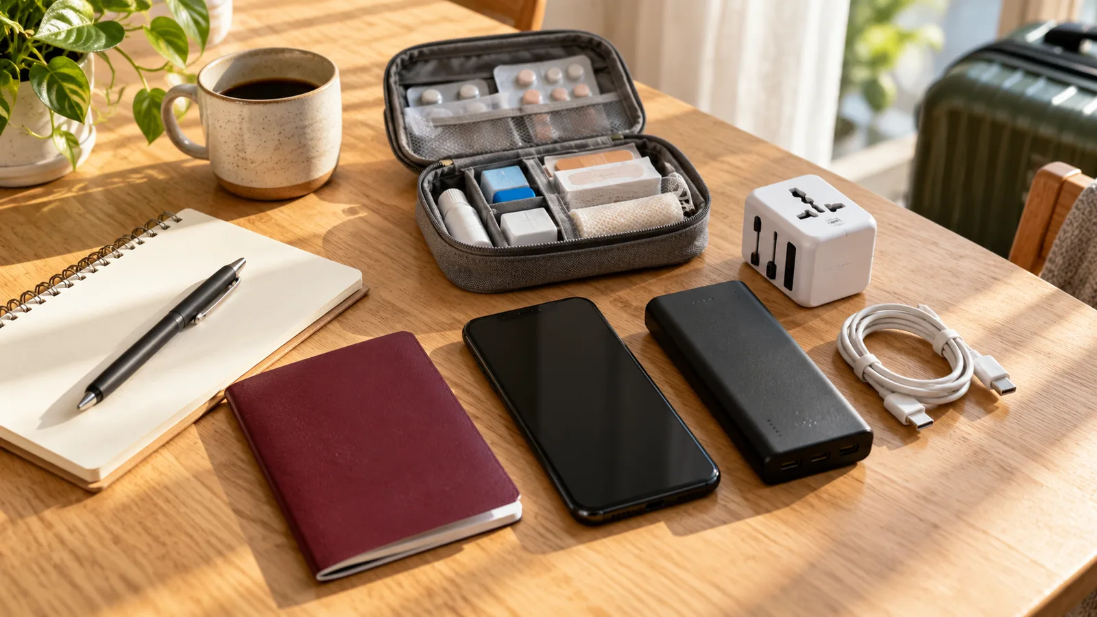 Ein Reisepass, ein Handy, eine Powerbank, ein Reiseadapter, ein Kabel, eine Medikamententasche und ein leeres Notizbuch liegen auf einem Holztisch