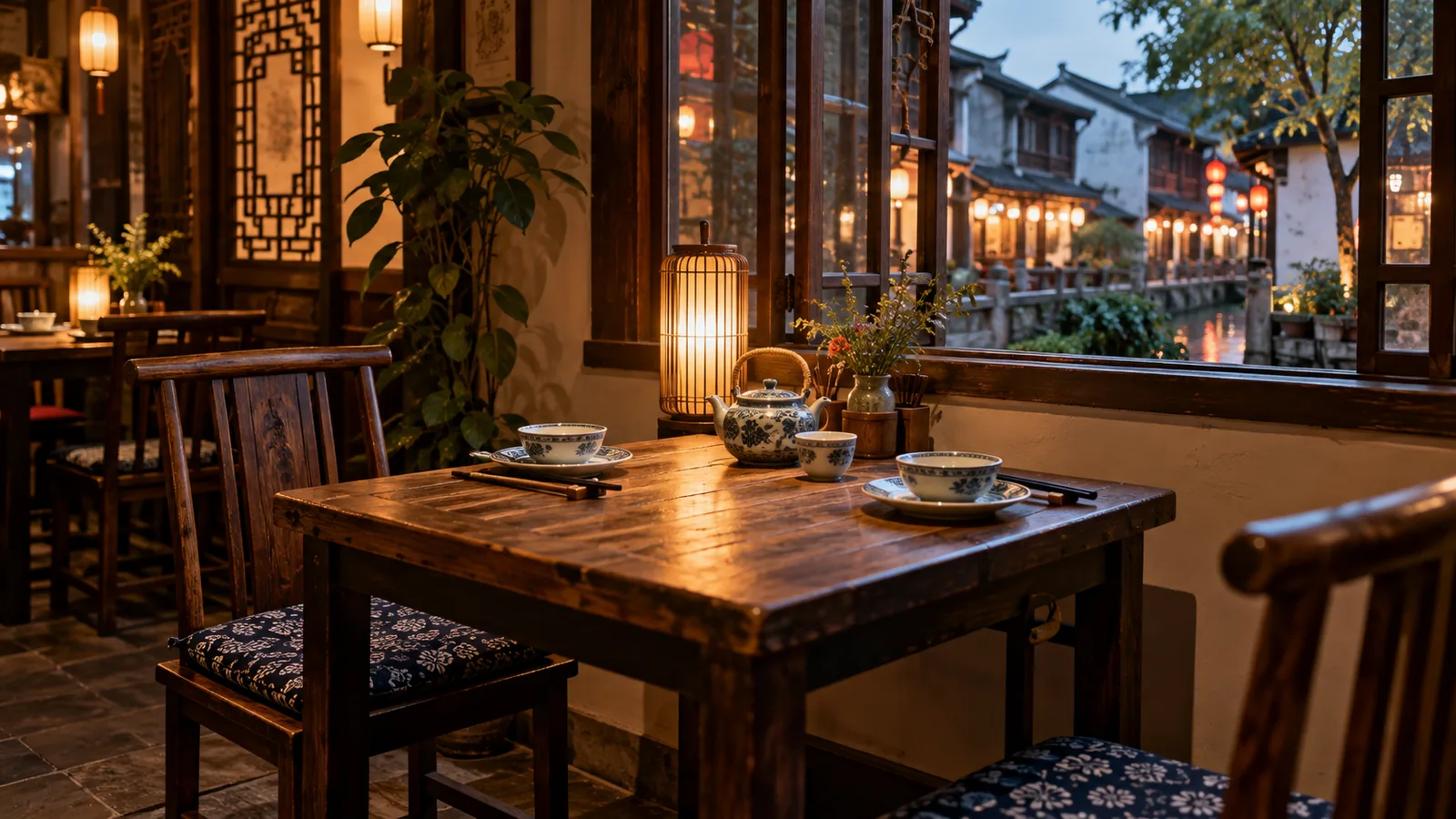 Une table vide dans un restaurant chinois, dressée avec des bols, des baguettes et une théière près d’une fenêtre