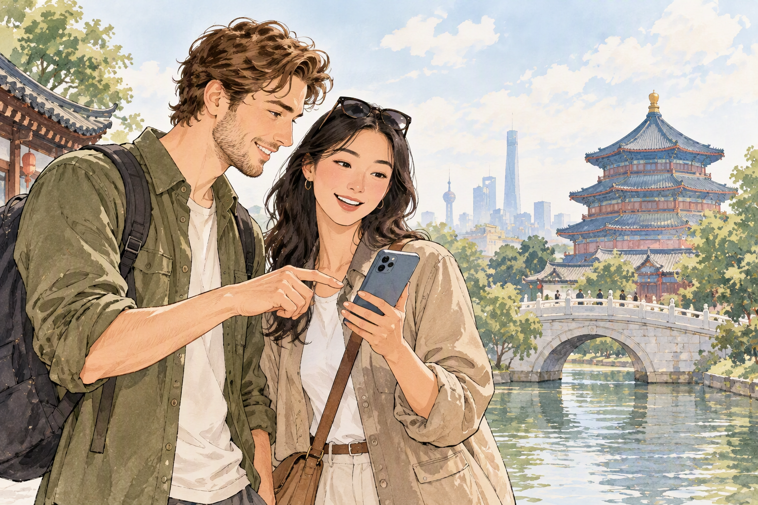 Konzeptionelle Reiseillustration dazu, wie Amap internationalen Gästen hilft, China in ihrer eigenen Sprache zu erkunden