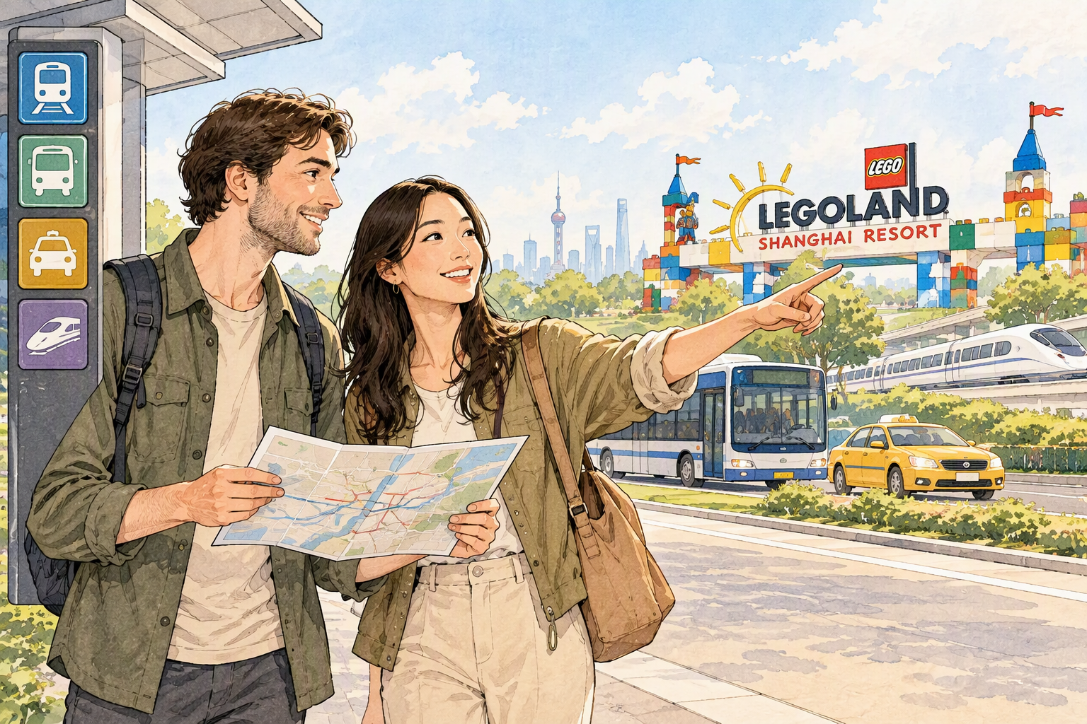 Konzeptionelle Reiseillustration zur Anreise zum Legoland Shanghai Resort und zur Wahl des passenden Verkehrsmittels