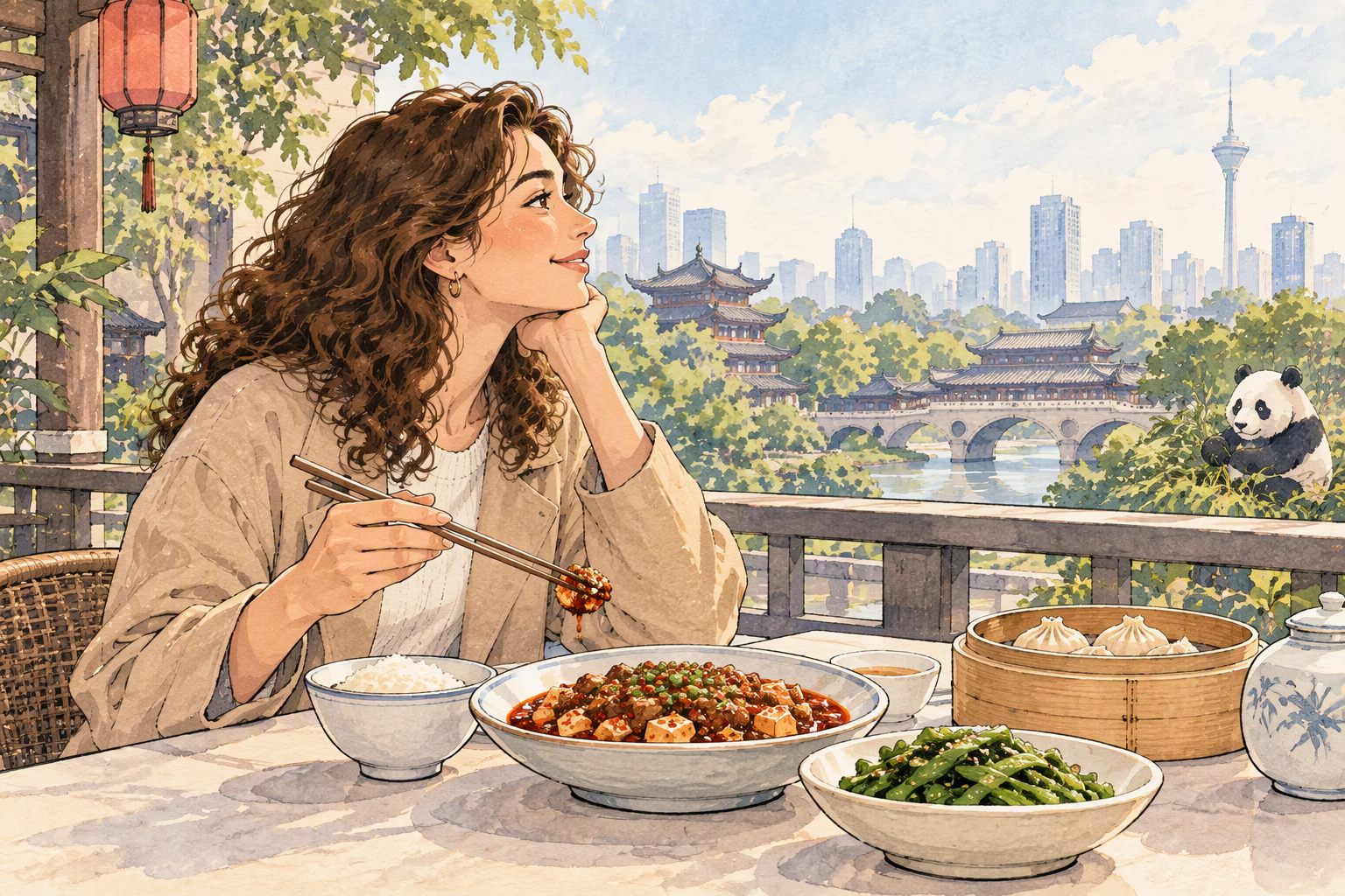 Konzeptionelle Reiseillustration zum Thema „Wo du laut Michelin Guide 2026 in Chengdu essen kannst“