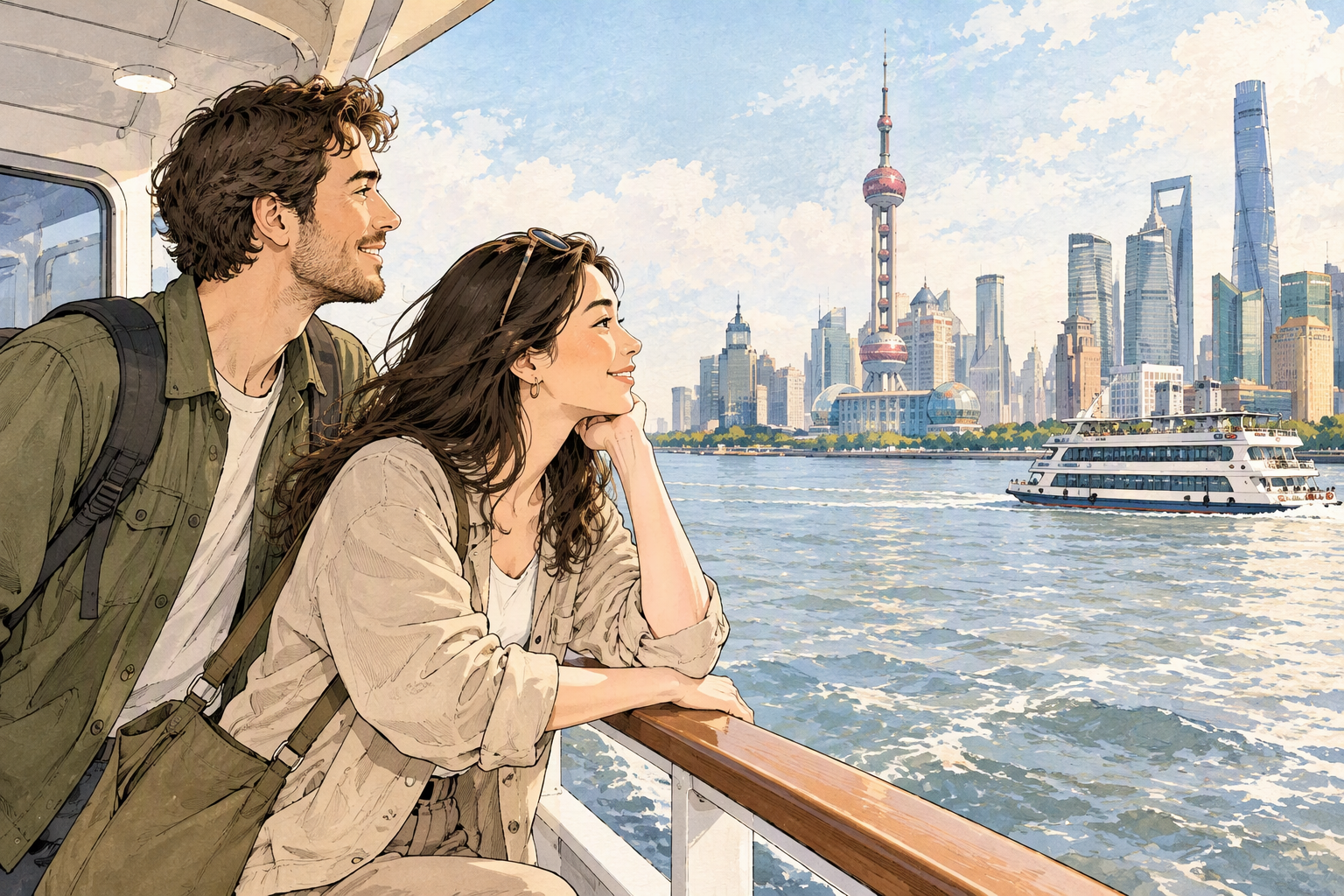 Konzeptionelle Reiseillustration zum Thema „Fähre oder Flussfahrt? Zwei Wege über den Huangpu“
