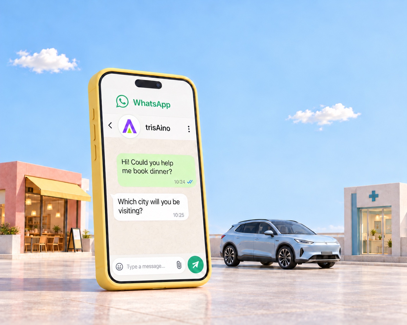 Illustrative WhatsApp dinner-booking enquiry to trisAino on a yellow phone, beside a restaurant, electric car and small clinic.