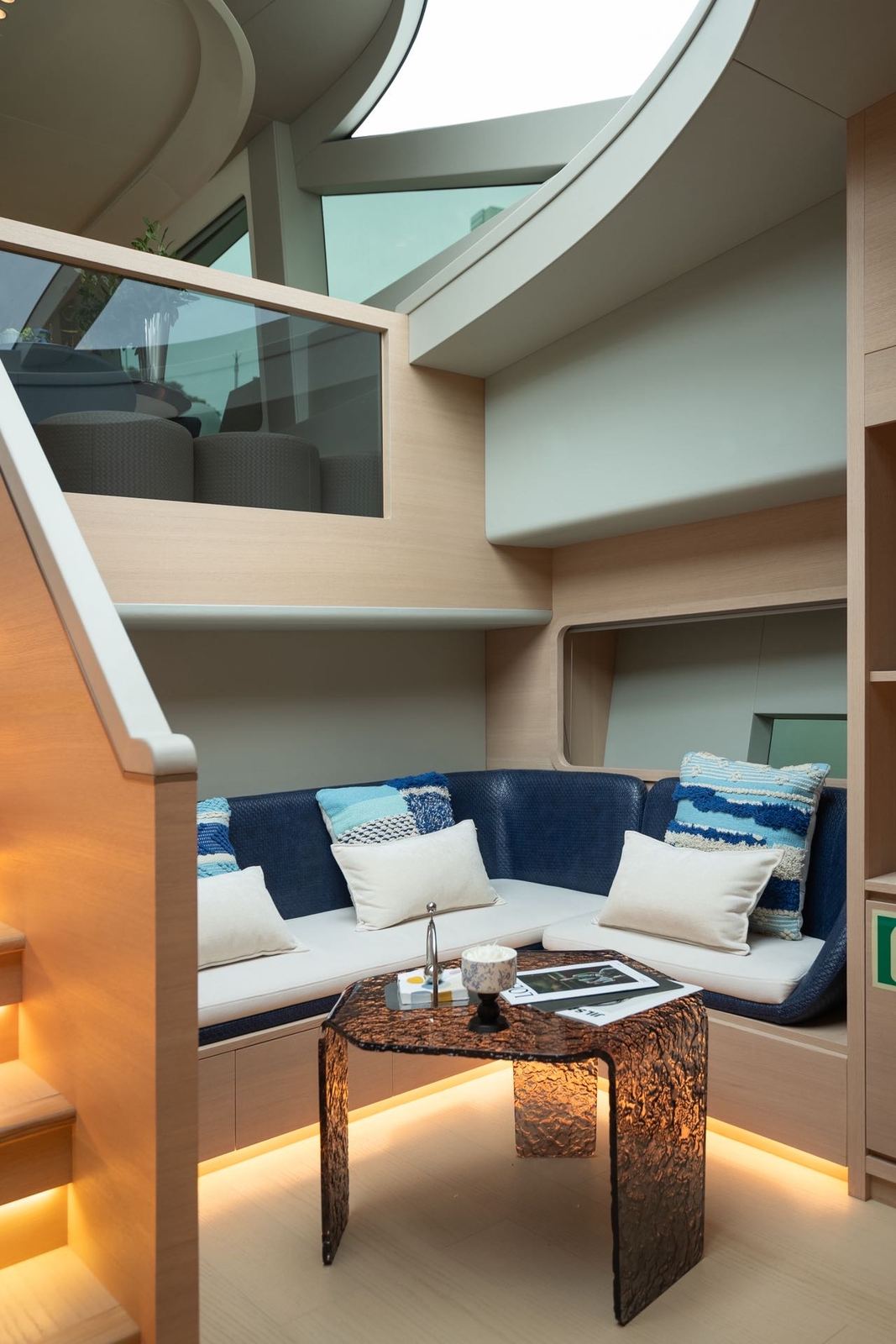 A separate seating nook on the contemporary yacht’s lower level
