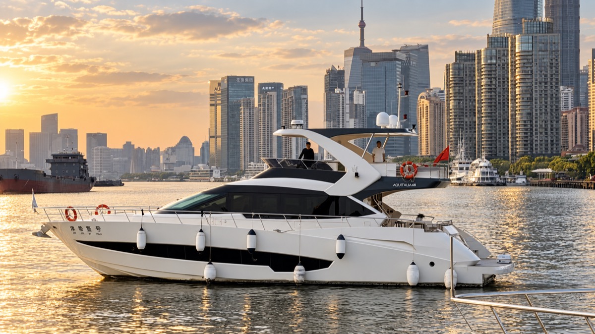 Private yacht against Shanghai’s skyline at sunset